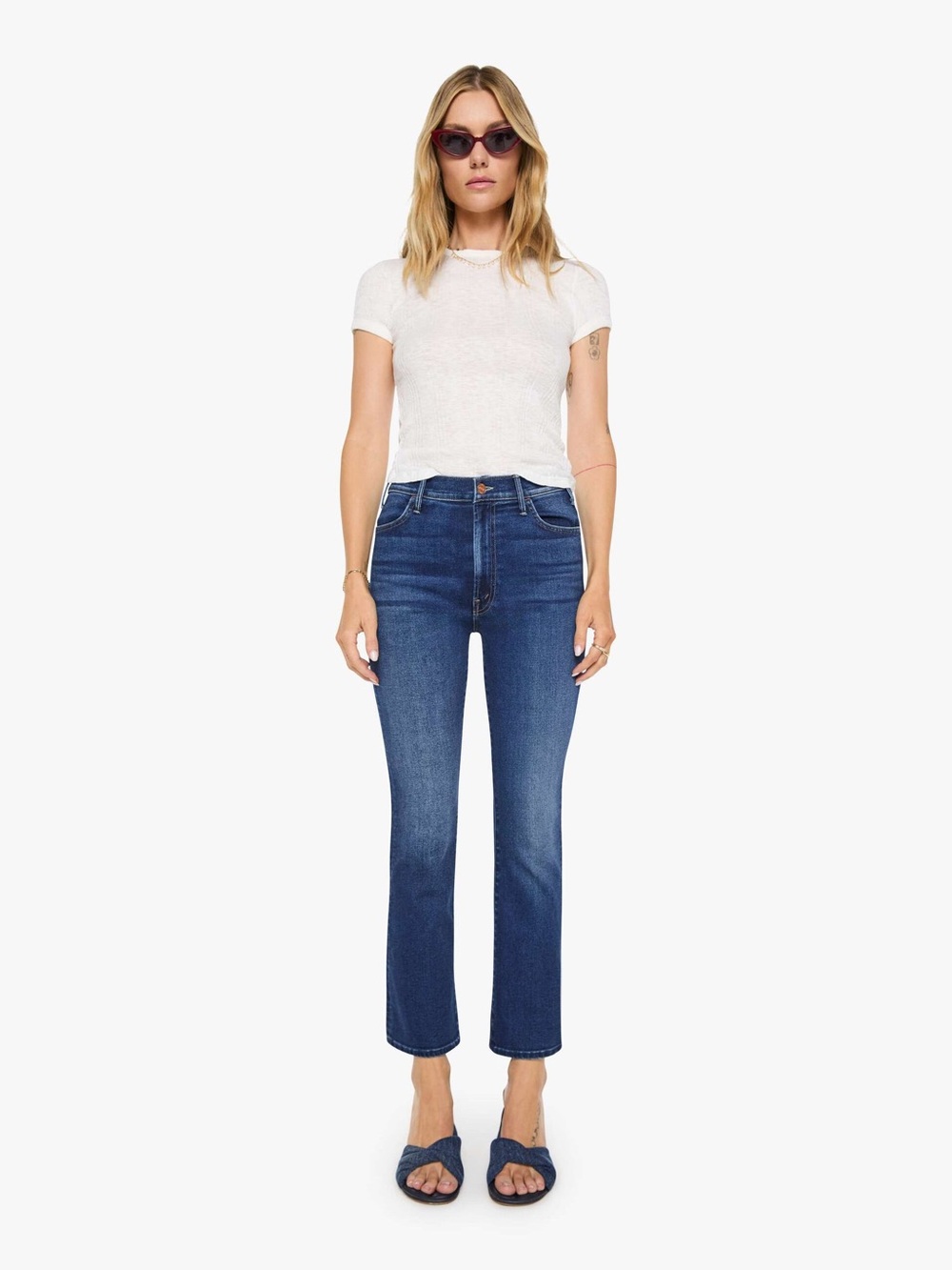 MOTHER The Hustler Ankle Cropped Straight Jeans in Deep Blue Wash